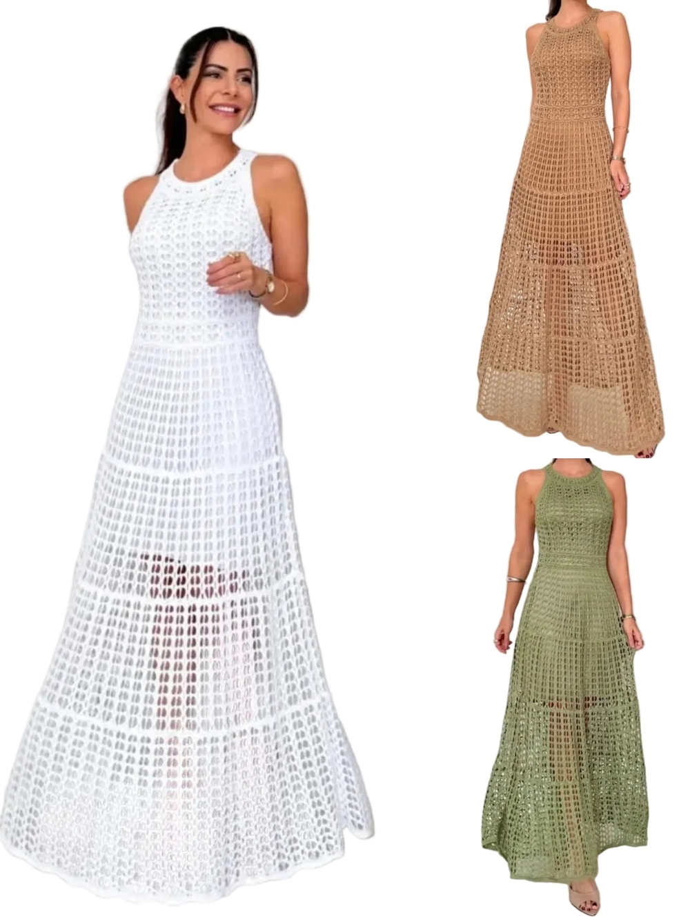 Openwork Crochet Knit Sleeveless Round Neck Illusion Mini A-line Maxi Dress - Picture 9 of 9